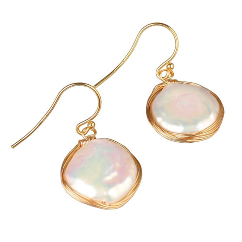 Eden Earring G. HAND CRAFTED lustrous 15mm Baroque freshwater coin pearl surrounded with gold wire. 18K. GOLD filled on 925 SILVER hooks. 3.5cm drop. Weight 2 grams per earring.