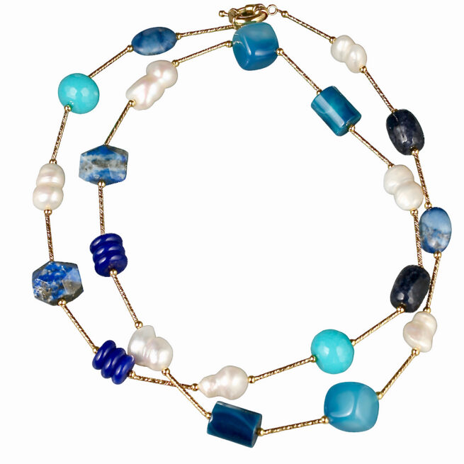 KristaG Gemstones-Pearls Necklace. Combination of JADE, LAPIS, DUMORTIERITE, FRESHWATER PEARLS & AGATE interspersed with nickel free gold plated bars. Length 90cm. Weight 94 grams. Made in Australia.