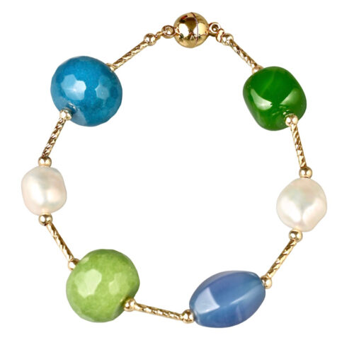 KristaG Gemstone-Pearl Bracelet. Combination of JADE, FRESHWATER PEARLS & AGATE interspersed with nickel free gold plated bars. Magnetic clasp. Length 19.5cm. Made in Australia.