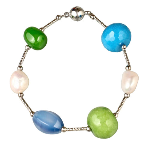 KristaBG Gemstone-Pearl Bracelet. Combination of JADE, FRESHWATER PEARLS & AGATE interspersed with nickel free silver plated bars. Magnetic clasp. Length 19.5cm. Made in Australia.