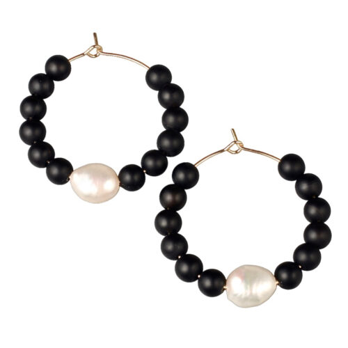 Liza Hoop Earring G. Baroque freshwater pearl & 6.5mm unpolished onyx on a 14K GOLD plated, 3.5cm brass hoop earring. Weight 4 grams. Made in Australia. 