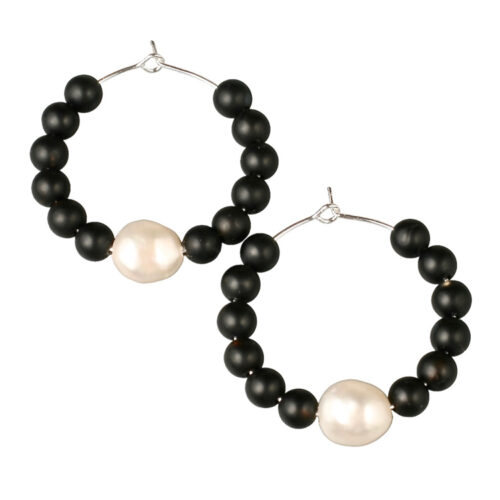 LizaS Onyx-Pearl Hoop. 9mm Baroque freshwater pearl & 6.5mm unpolished onyx on a Stirling Silver plated, 3.5cm brass hoop earring. Weight 4 grams per earring. Made in Australia.