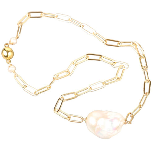 MiaG Baroque-Pearl on Chain. Nickel free gold plated chain necklace with a 16mm x 20mm high lustre Freshwater Baroque pearl. Magnetic clasp. Length 43.5cm. Weight 14 grams. Made in Australia.