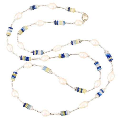 Isla Gemstone - Pearl Necklace - L. 6.5mm polished JADE & Agate discs interspersed with silver plated discs & bars plus 9mm freshwater pearls. 90cm. long necklace with a magnetic clasp.  Weight 46 grams. Made in Australia.