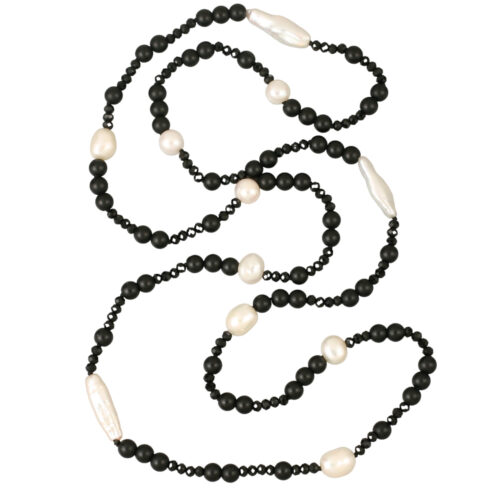 Onyx-Crystal Pearl Necklace. 6mm unpolished onyx & 3mm faceted crystals interspersed with varying shapes & sizes (8mm - 11mm) Freshwater pearls & Freshwater Biwa pearls. Hand knotted, 90cm long necklace. Weight 37 grams.