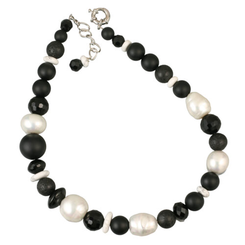 Nina Onyx Pearl Necklace. Combination of unpolished onyx, Spanish pearls, polished and faceted agate, crystals & lava stone necklace. Length 47cm + 4cm extension. Weight 144 grams. Made in Australia.