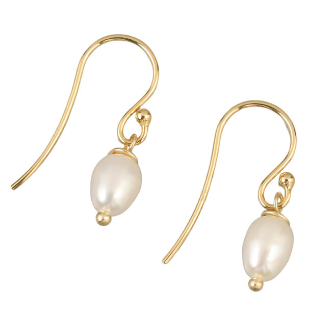 Petite Pearl Earring G. Approximately 8mm long, freshwater rice pearl, 2.5cm drop earring. 18K GOLD filled on 925 SILVER hooks. Weight 1 gram. Hand made in Australia.