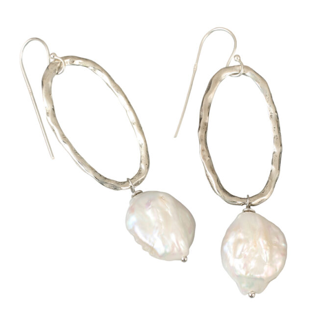 Zoe Coin Pearl Earrings. Hand selected 17mm x 20mm lustrous Baroque freshwater coin pearls, suspended on silver plated textured brass oval ring with 925 SILVER hooks. Total drop 7.5cm. Weight 6 grams per earring.  Hand Made in Australia.