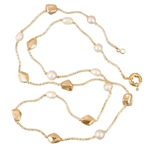 IvyN Pearls on Gold. Gold plated bars interspersed with 18K GOLD plated beads & varying shapes of approximately 9mm Freshwater pearls, 92cm long necklace. (Can be worn doubled) Weight 62 grams.