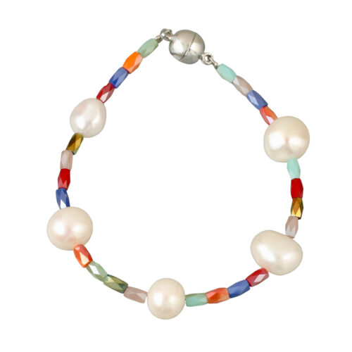 Bowie Crystals-Pearls Bracelet. Small faceted crystals interspersed with varying shapes & size (6.5mm - 10mm) Freshwater Pearls, bracelet with a magnetic clasp. Length 18.5cm.