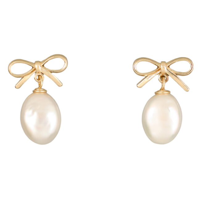 Madeleine Bow Earring. 14K GOLD plate stud & bow with a lustrous 10mm x 12mm Oval KESHI Freshwater Pearl.  Total drop 2cm. Weight 2 grams.