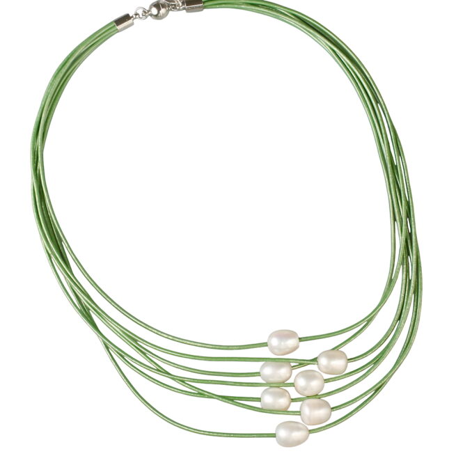 Lola 7-Strand Necklace SA.  7 graduated strands of leather cord necklace with 10mm freshwater pearls. Magnetic clasp. Length of shortest strand 46cm