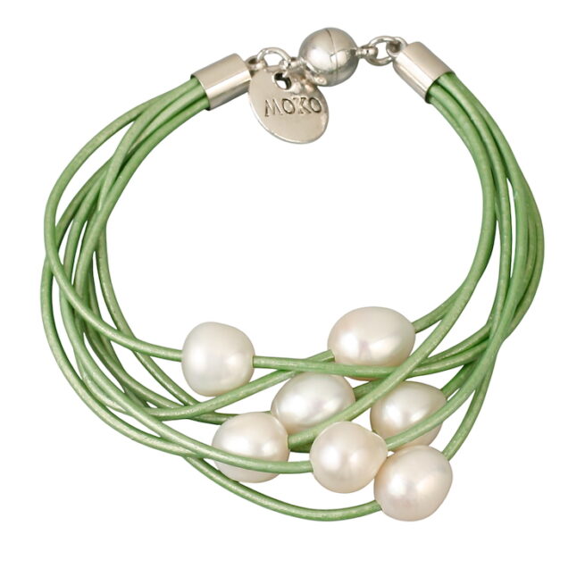 Lola Bracelet SA. 7 strand leather cord bracelet, with 10mm freshwater pearls - magnetic clasp. Length 19cm