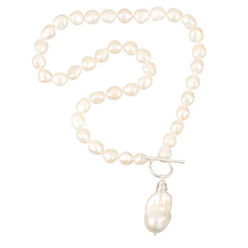 CARA White Pearl Necklace. 8.5mm Natural white freshwater pearls, Hand Knotted necklace with a 925 Sterling Silver fob style clasp & approximately 17mm x 25mm natural white freshwater Baroque pearl pendant. Length 44cm. Weight 46 grams. (Each pearl is unique in shape & size)