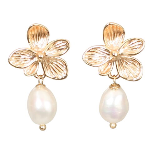 Bloom Pearl Stud G. 18K GOLD plated on brass, 18mm flower & an 8mm natural white freshwater pearl stud earring. 2.5cm drop. Weight 2 grams per earring.