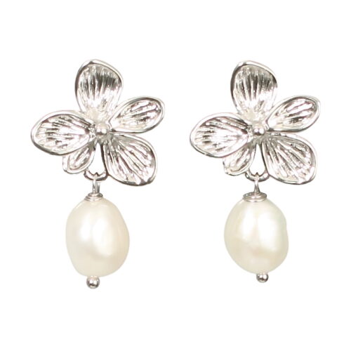 Bloom Pearl Stud S. 18K White GOLD plated on brass, 18mm flower & an 8mm natural white freshwater pearl stud earring. 2.5cm drop. Weight 2 grams per earring.