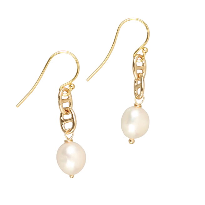 Cleo Pearl Earring. 8.5mm Natural white freshwater pearl suspended on 18K GOLD plated brass chain, 3.5cm drop earring. 18K GOLD filled on 925 SILVER hooks. Weight 2 grams per earring.