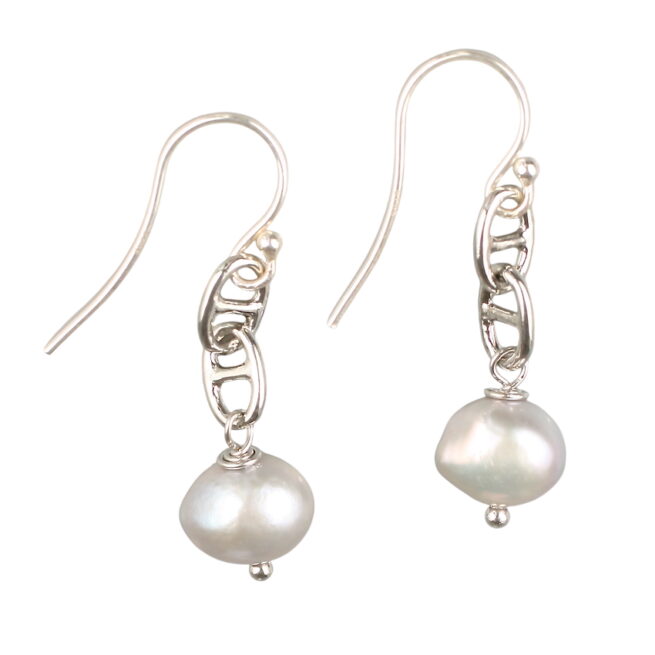 Cleo Pearl Earring G. 8.5mm silver grey freshwater pearl suspended on 18K White GOLD plated brass chain, 3.5cm drop earring.  925 SILVER hooks. Weight 2 grams per earring.