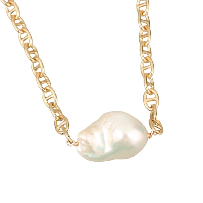 Cleo Pearl Chain Necklace. Approximately 16mm x 22mm lustrous freshwater Baroque pearl on 18K GOLD plated brass chain necklace with a magnetic clasp. Length 42cm. Weight 20grams. (Each pearl is unique in shape & size.)