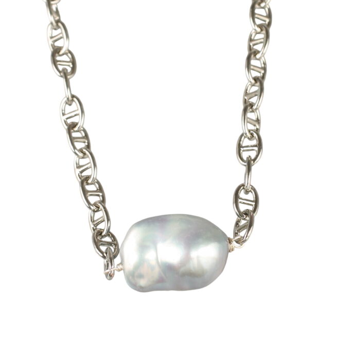 Cleo PearlS Chain Necklace. Approximately 16mm x 22mm lustrous freshwater silver grey Baroque pearl on 18K White GOLD plated brass chain necklace with a magnetic clasp. Length 42cm. Weight 20grams. (Each pearl is unique in shape & size.)