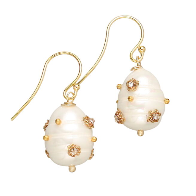 Amelie Pearl Earring. 15mm faux shell pearl studded with gold plate beads and diamante crystals. 3cm drop earrings on 18K GOLD filled on 925 SILVER hooks.  Weight 4 grams per earring.