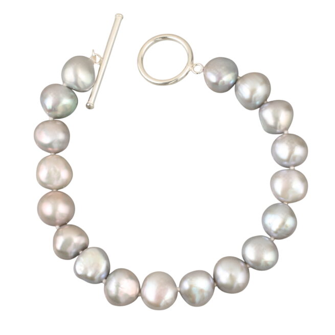 ANA Silver Pearl Bracelet. 9.5mm silver grey freshwater pearls bracelet. Individually hand knotted on tonal thread with a 925 SILVER fob style clasp. Bracelet length 19cm