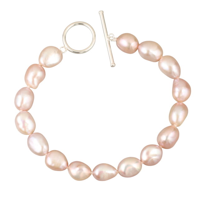 Ana Pink Pearl Bracelet. 9mm Natural Pink freshwater pearls bracelet. Individually hand knotted on tonal thread with a 925 SILVER fob style clasp. Bracelet length 19cm