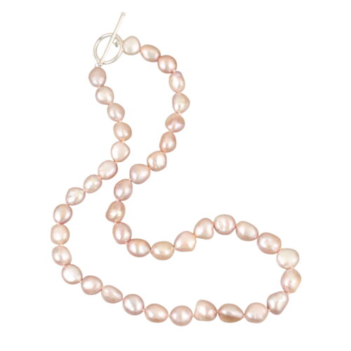 Ana Pink Pearl Necklace. 9mm Natural Pink freshwater pearls necklace. Individually hand knotted on tonal thread with a 925 SILVER fob style clasp. Length 44cm. Weight 36 grams.