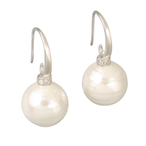 Melina Shell Pearl Earring. 14mm Shell pearl earring with a 925 SILVER hook with cubic zirconias. Total drop 3cm. Weight per earring 4 grams.