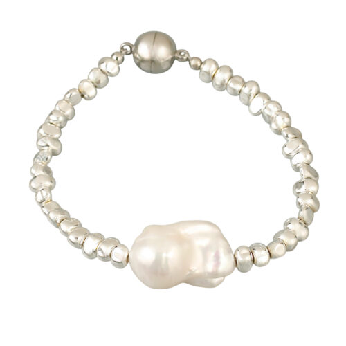 Jenna-S Bracelet. 5mm Electroplated Hematite beads with a lustrous approximately 15mm x 22mm Baroque freshwater pearl bracelet with a magnetic clasp. Length 19cm. Made in Australia. Each pearl is natural and unique in shape & size