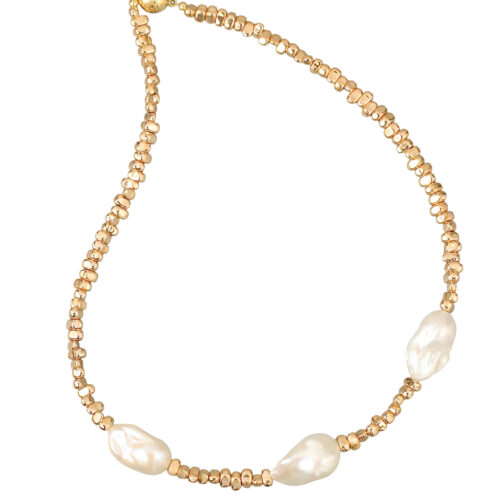 Jenna-G Baroque Pearls. 5mm Electroplated Hematite beads with three lustrous approximately 14mm x 22mm Baroque freshwater pearls, necklace with a magnetic clasp. Length 44cm. Weight 40 grams. Made in Australia. Each pearl is natural and unique in shape & size