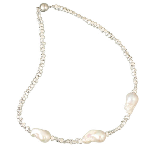 Jenna-S Baroque Pearls. 5mm Electroplated Hematite beads with three lustrous approximately 14mm x 22mm Baroque freshwater pearls, necklace with a magnetic clasp. Length 44cm. Weight 40 grams. Made in Australia. Each pearl is natural and unique in shape & size